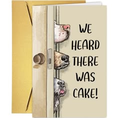 two dogs peeking out from behind a door with the words, we heard there was cake