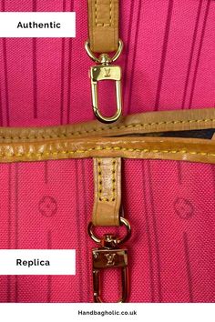 Become a PRO at spotting a real and fake Louis Vuitton Neverfull tote bag close up hardware clip fastening of real and replica louis vuitton neverfull. WITH VIDEO. #LVNeverfull #LVNeverfullMM #LVToteBag #LouisVuitton #NeverfullMM #DesignerToteBag