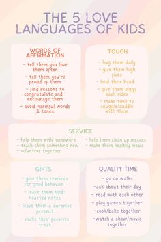 the five love languages of kids info sheet with different words and phrases on each page