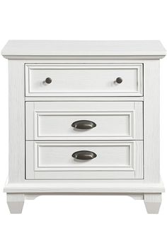 a white nightstand with two drawers and one drawer on the bottom, in front of a white background