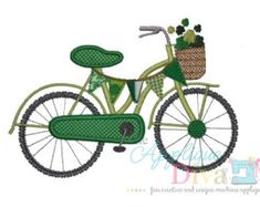 a green bicycle with a basket filled with flowers