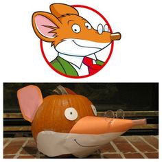 a pumpkin shaped like a mouse with an image of a rat on it's head