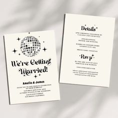 two wedding cards with the words we're getting married and disco ball on them