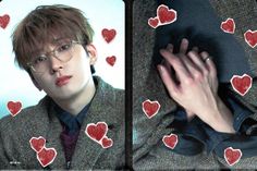 two pictures of a man with glasses and hearts on his face, one is holding the other's hand