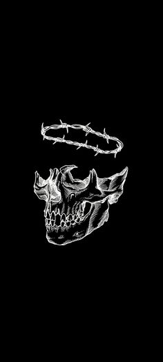 a black and white drawing of a skull with barbed wire on it's head