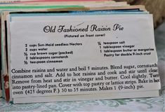 an old fashioned raisin pie recipe is stacked on top of each other with instructions