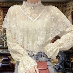 Self Cultivation, Crochet Lace Shirt, Japanese Style Fashion, Detail Couture, Women Lace Blouse, Mori Girl Fashion, Cottagecore Fashion, Crocheted Lace, Fairy Dress