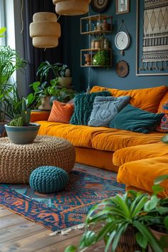 a living room filled with lots of colorful furniture and plants on top of the floor