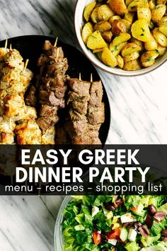 easy greek dinner party menu with salad and meat on skewers