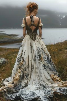 Gypsycore Wedding Dress, Fantasy Inspired Dresses, Dress With Ribbon At The Back, Viking Queen Wedding Dress, Fantasy Book Outfits, Fantasy Wedding Dress Art, Iconic Dresses Movies, Fantasy Wedding Attire, Fairytale Aesthetic Wedding Dresses