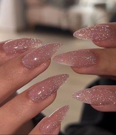 Taupe Sparkle Nails, Long Engagement Nails, Sparkly Taupe Nails, Almond Shaped Sparkly Nails, Almond Velvet Nails, Glitter Beige Nails, Good Glitter Nails, Nude Nails Glitter Tips, Sns Glitter Nails