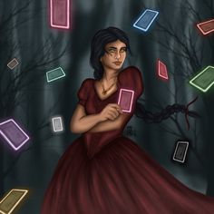 a digital painting of a woman in a red dress surrounded by glowing squares and trees