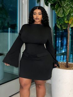 Negro Elegante Collar manga larga Tela tejida Liso Apretado Embellished Elástico Alto Black Gown Outfit Classy, Short Dresses For Plus Size Women, Party Outfit For Plus Size Women, Shein Graduation Outfits, Black Short Gown Styles, Dinner Dress For Plus Size, Mini Black Dress Outfit Classy, Short Flare Dress Classy, Graduation Inspo Outfits