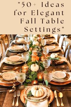 Rustic fall tablescape with pumpkins and greenery centerpieces. Large Dinner Table Decor, Fall Thanksgiving Tablescapes, Thanksgiving Table Decorating Ideas, Neutral Fall Tablescape, Thanksgiving Tablescapes Rustic, Fall Dinner Party Tablescape, Fall Table Scapes Ideas, Thanksgiving Table Decorations Ideas, Fall Dining Table Decor Ideas