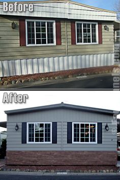 before and after photos of a mobile home exterior remodel with vinyl siding on the windows