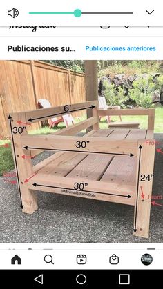 a wooden bench with measurements for the seat