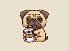 a pug dog holding a cup of coffee