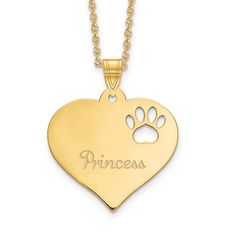 Show your love for dogs with this yellow gold-plated sterling silver heart pendant. This heart pendant is detailed with cut-out paw print design and may be personalized with your choice of 1 name (maximum 10 characters) in Edwardian and Britannic font for a complete look. This heart pendant comes with 18-inch cable chain secured with lobster clasp. Gold Paw Print Jewelry For Mother's Day, Mother's Day Gold Paw Print Jewelry, Heart With Paw Print, Paw Print Design, Sterling Silver Heart Pendant, Jared The Galleria Of Jewelry, Jewelry Heart, Silver Heart Pendant, Precious Jewelry