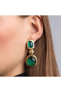 Find KENNETH JAY LANE Flawed Emerald Cabochon Drop Clip Earrings on Editorialist. strongProduct Description:/strong Add vibrance to your look with these gleaming emerald stones and crystal accent clip earrings surrounded by gold. Pair with our Flawed Emerald Cabochon Hinged Bangle. strongDimensions: /strong2 Drop strongStyle Number:/strong 1523ESGE Emerald Earrings Aesthetic, Pacchala Haram, Emerald Jewelry Earrings, Vintage Emerald Earrings, Accessories Closet, Fashion Atelier, Emerald Cabochon, Emerald Earrings Drop, Jeweled Earrings