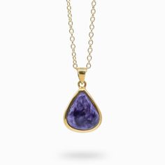 CHAROITE CAB TEAR NECKLACE WITH 14K YELLOW GOLD VERMEIL FINISH Charoite Necklace, The Chakras, Cabochon Necklace, Open Your Heart, Purple Swirl, Birthstone Gifts, Mens Pendant, Pendant Rings, Opal Rings