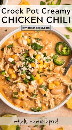 crock pot creamy chicken chili in a white bowl with tortilla chips on the side