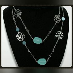 This Is A Delicate, Lightweight Chain And Bead Necklace. Silver Tone Roses, Leaves, And Acrylic Beads That Remind You Of The Colors Of The Ocean. Nwot (I Have 2 Available) Elegant Turquoise Long Necklace For Gift, Elegant Blue Beaded Necklace With Adjustable Chain, Elegant Blue Long Chain Necklace, Elegant Long Blue Chain Necklace, Elegant Blue Beaded Necklaces With Chain, Elegant Blue Metal Chain Necklace, Blue Long Beaded Necklace With Adjustable Chain, Blue Beaded Long Necklace With Adjustable Chain, Elegant Turquoise Metal Beaded Necklace