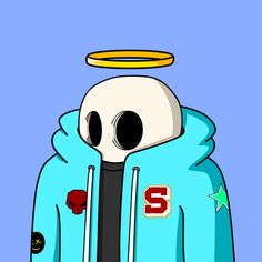 a cartoon character wearing a blue jacket with an angel halo on his head and eyes