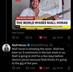 a man holding a guitar in front of a news screen with the caption'breaking news, the world misses nail horan '