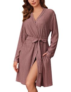 PRICES MAY VARY. 【Unique Material】Ekouaer short robe selects unique textured fabric with smooth lining to make it comfortable, breathable, and more elastic. The knee-length sleep robe is suitable as a close-fitting wear in the cool season. 【Design Features】Women's lounge robe features a fixed belt on the back so you never have to worry about it falling off or getting lost, and it also comes with two pockets for your convenience - perfect for use as a shower robe or morning dressing robe. 【Not On V-neck Robe With Tie Waist For Loungewear, Fitted V-neck Robe For Sleep, Fitted V-neck Sleep Robe, Fitted Long Sleeve Solid Robe, Fitted Long Sleeve Solid Color Robe, Long Sleeve Robe For Lounging, Fitted Long Sleeve Robe For Loungewear, Solid Color Long Sleeve Robe For Loungewear, Fall V-neck Sleepwear For Lounging