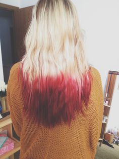 blonde and maroon dip dye hair. I just did this with koolaid!!!! So pretty! Red Dip Dye Hair Blonde, Blonde Hair With Colored Ends, Red Dip Dye Hair, Kool Aid Hair Dye, Red Dip Dye, Kool Aid Hair