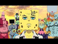 cartoon characters are standing in front of an orange sky with blue eyes and yellow hair