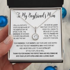 To My Boyfriend's Mom Necklace, Boyfriend's Mom Gifts, Gifts For My Boyfriend's Mom, To My Boyfriend's Mom Gifts, Boyfriend's Mom Christmas Gift,  Boyfriend's Mom Birthday Gift,  Mother's Day Gift    Message card:     ''To My Boyfriend's Mom    I fell in love with your son because of the gentle way he spoke to me, the kindness he showed to everyone around him, and the way he made me laugh. Now that I’ve gotten to know you, I know it’s because of you and who you raised him to be, that I fell in love with your son.    Your kindness, your warmth, and your love have shaped him to be the most wonderful man i have ever met and i am beyond lucky to have extra gift of you in my life as well.    Thank you for raising the perfect man and welcoming me into your life with open arms and a loving heart. The Perfect Man, Boyfriends Mom Gifts, Loving Heart, Hope Necklace, Mom Christmas, Open Arms, I Love Mom, Christmas Mom, Gifts For My Boyfriend