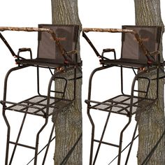 two hunting chairs sitting on top of a tree stand