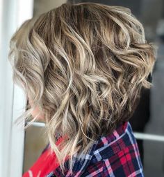 Curly Inverted Bob with Bangs Medium Inverted Bob, Curly Stacked Bobs, Wavy Inverted Bob, Curly Inverted Bob, Inverted Long Bob, Inverted Bob Haircuts, Tan Skin Blonde Hair, Wedge Hairstyles, Inverted Bob Hairstyles