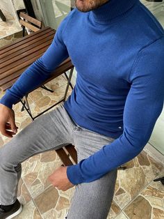 Casani Blue Slim Fit Turtleneck Sweater – BOJONI Light Blue Turtleneck, Blue Turtleneck, Orange Blazer, Fitted Turtleneck, Sweater Collection, Street Style Inspiration, Knitwear Men, Fall Wardrobe, Daily Fashion