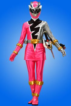 the power rangers pink ranger costume is shown in full color and has gold accents on it