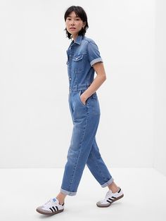 Denim Jumpsuit Stair Photoshoot, Boiler Suit Outfit, Short Sleeve Denim Jumpsuit, Basement Stair, Style Muse, Boiler Suit, Wildest Dreams, Water Saving, Gap Denim