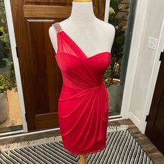 Nwt Cache Red One Shoulder Dress Size 2 Red One-shoulder Mini Dress For Formal Occasions, Red Sheath Mini Dress For Cocktail, Red Ruched Sheath Mini Dress, Black Satin Halter Dress, Red Mesh Dress, Red One Shoulder Dress, Vintage Dress Blue, Color Block Bodycon Dress, Satin Halter Dress