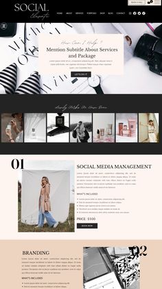 the website design for social media is shown in black and white, with pink accents