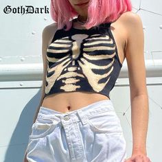 Gothic Harajuku, Alt Clothes, Gothic Tops, Streetwear Girl, Moda Streetwear, Aesthetic Streetwear, Black Crop Top Tank, Streetwear Mode, Skeleton Print