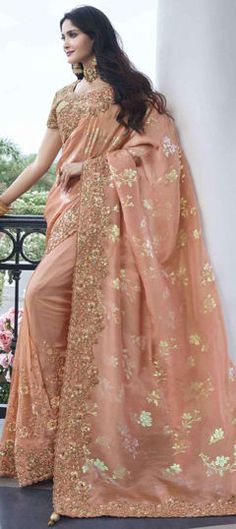 Pink and Majenta color Saree in Viscose fabric with Embroidered, Resham, Sequence, Thread work Drapping Saree, Peach Saree, Tissue Silk Saree, Dusty Peach, Wedding Saree Indian, Silk Sarees Online, Designer Saree, Designer Sarees, Party Wear Sarees