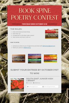 the website for poetry contest is displayed in front of many trees and roots with red lettering