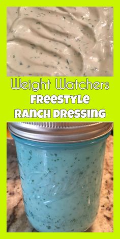 a jar filled with ranch dressing sitting on top of a counter