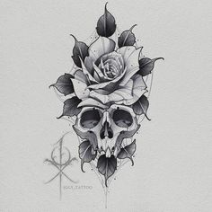 a drawing of a skull with a rose on it