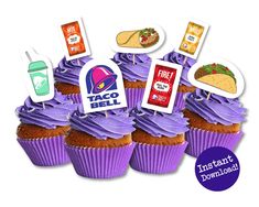 cupcakes with purple frosting and taco bell stickers