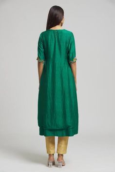 Buy Emerald Green Organic Silk Embroidered Cutdana Kurta With Dupatta For Women by Bhusattva Online at Aza Fashions. Green V-neck Sets For Eid, Green Cotton Silk Kurta With Embroidered Border, Green Silk Churidar With Embroidered Border, Green Silk Anarkali Set With Embroidered Border, Green Silk Embroidered Churidar, Green V-neck Kurta With Resham Embroidery, Green Palazzo Set With Embroidered Border And Straight Kurta, Green Palazzo Set With Embroidered Straight Kurta, Green Palazzo Set With Embroidered Border For Navratri