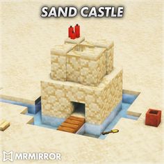 the sand castle is made up of blocks and bricks, with a red object on top