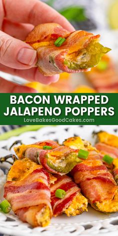 bacon wrapped jalapeno poppers on a white plate with the title above it