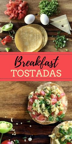 breakfast tostadas with eggs, tomatoes and avocado on a wooden table