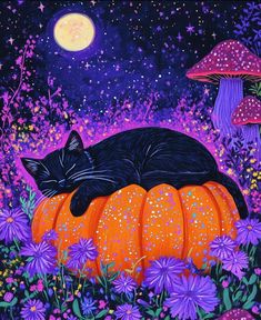 a painting of a black cat sleeping on top of a pumpkin surrounded by purple flowers